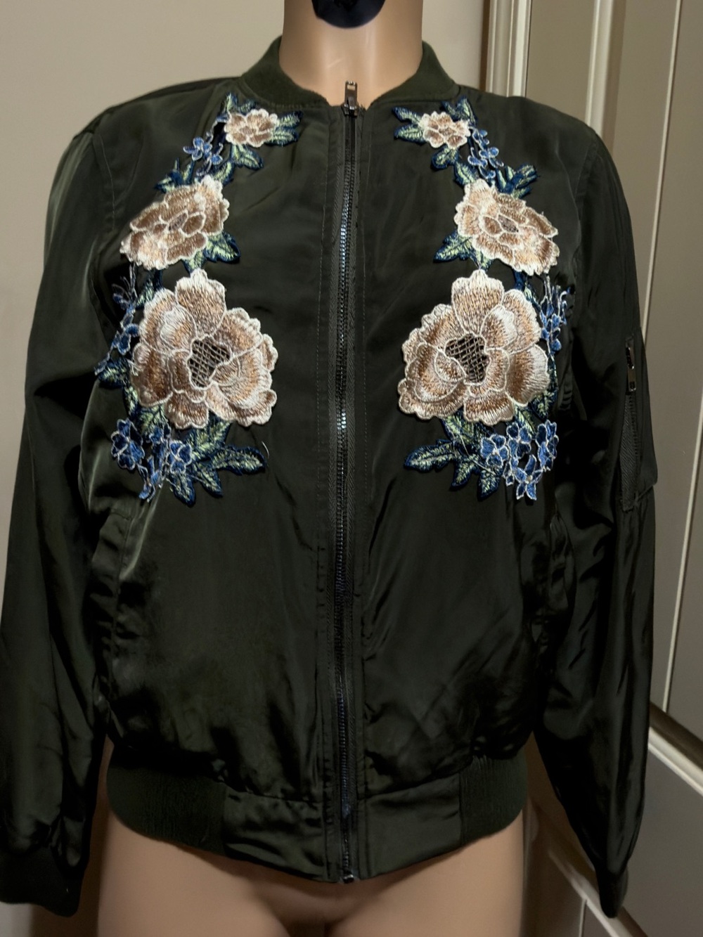 Listicle Olive Green Bomber Jacket with Beige & Blue Floral Embroidery